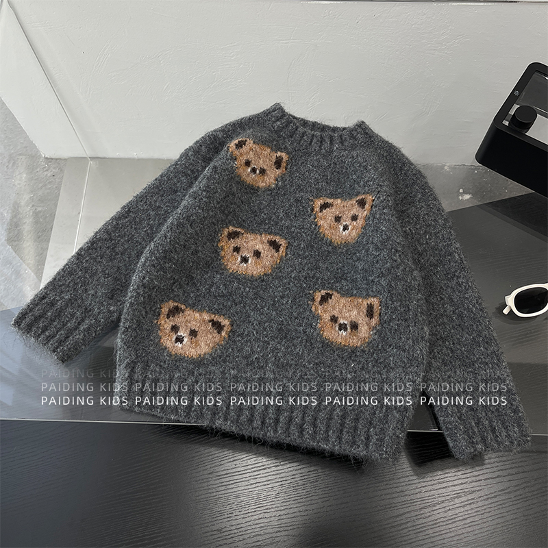 【幸运小熊】冬装儿童韩版时尚撞色卡通动漫提花保暖针织毛衣SJ7014