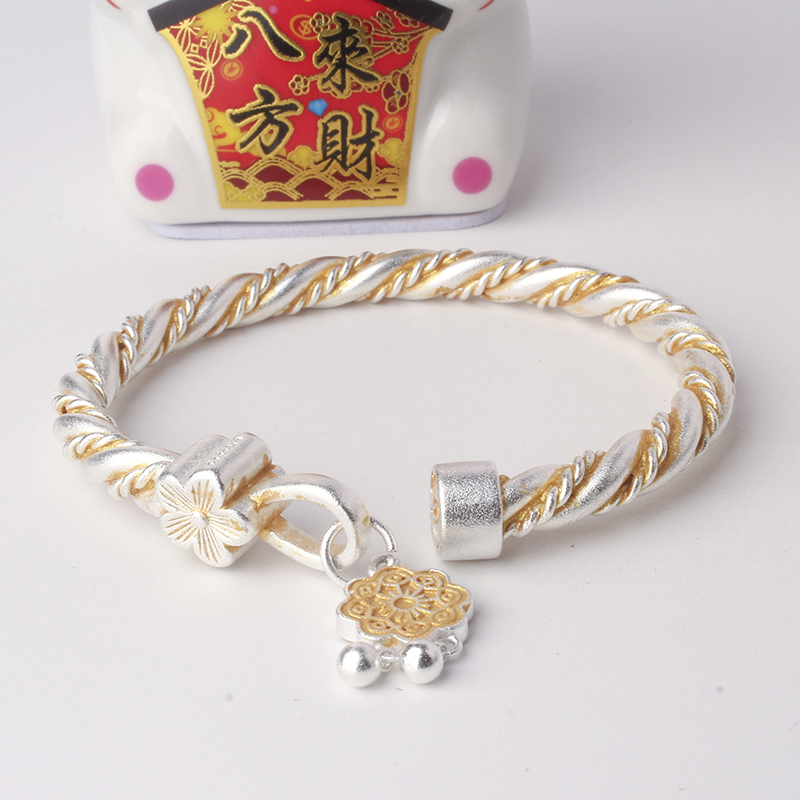 足银手镯 85号链接【开口描金麻花】足银999.9 发货带证书带礼盒