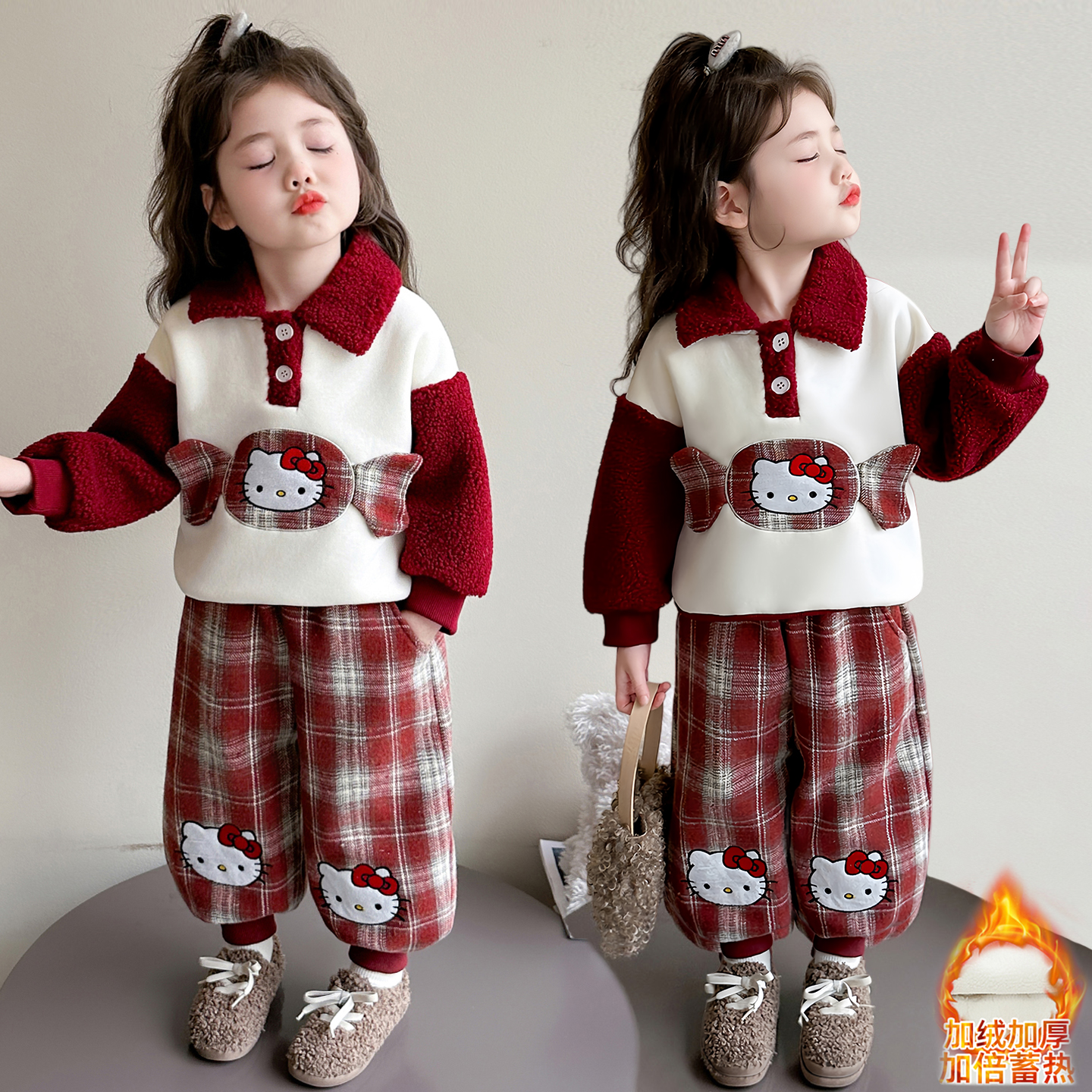 【一体绒】女童加绒卫衣套装秋冬季2025新款儿童冬装加厚宝宝运动服