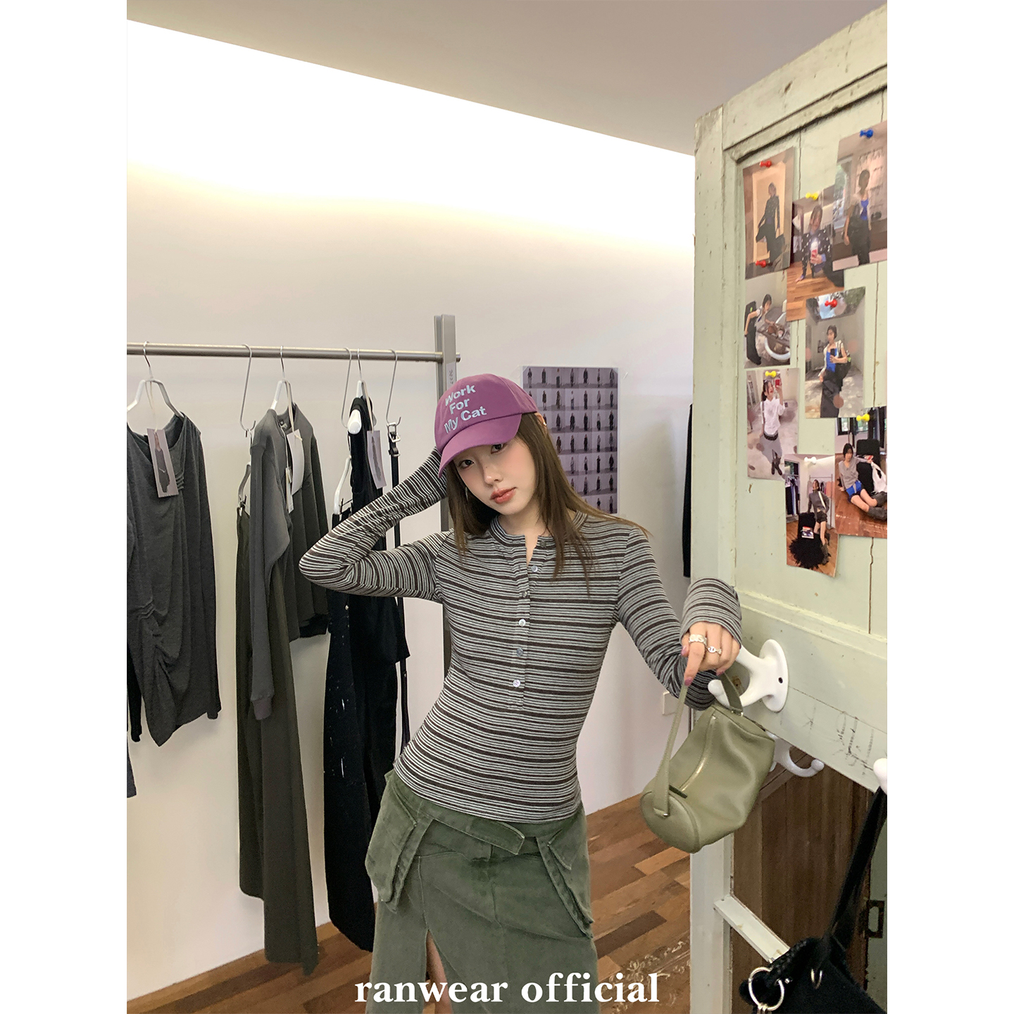 Ranwear'智系日常'复古磨毛撞色条纹圆领半门襟修身打底内搭上衣