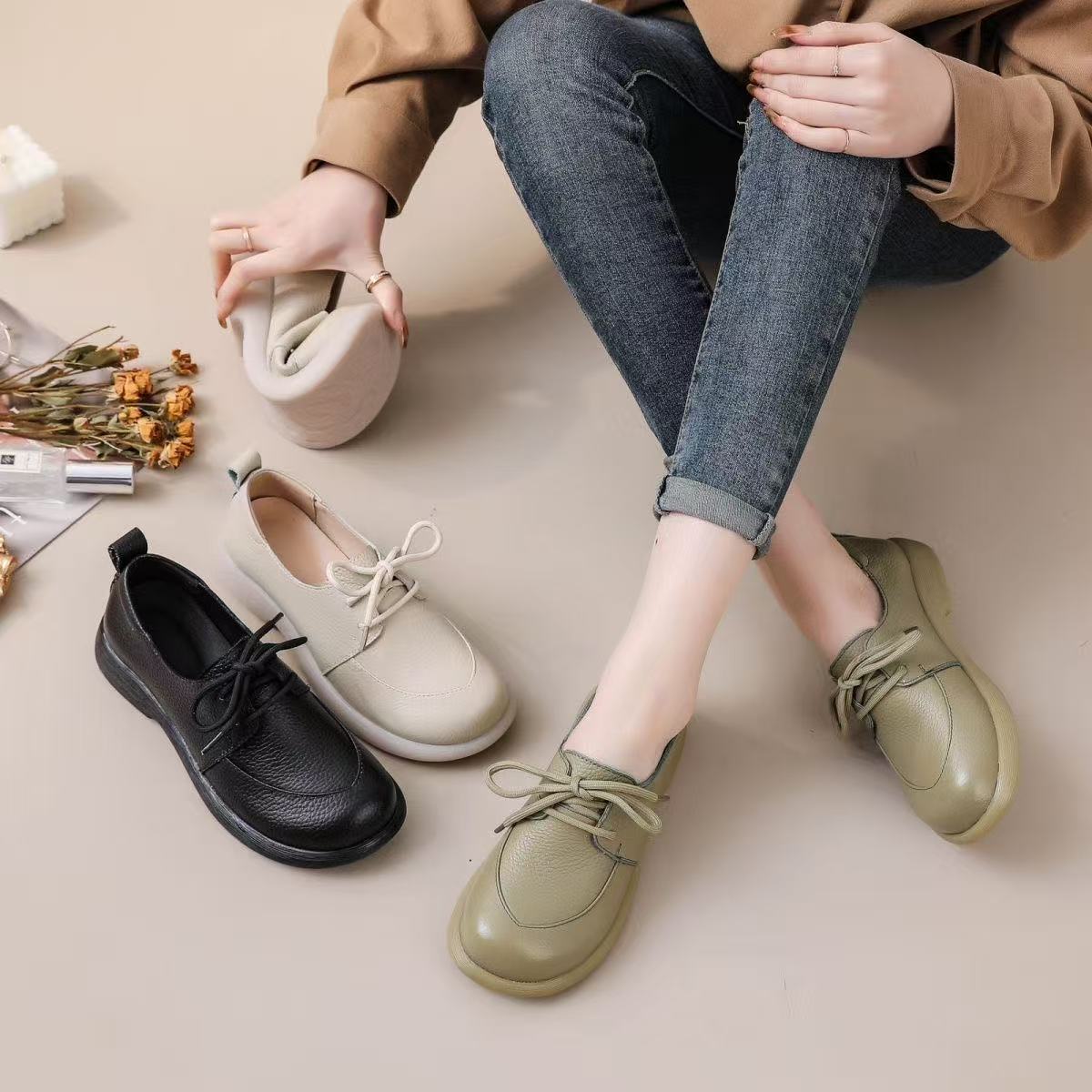 清仓！头层牛皮休闲春季圆头薄款百搭单鞋乐福鞋春秋舒适复古系带
