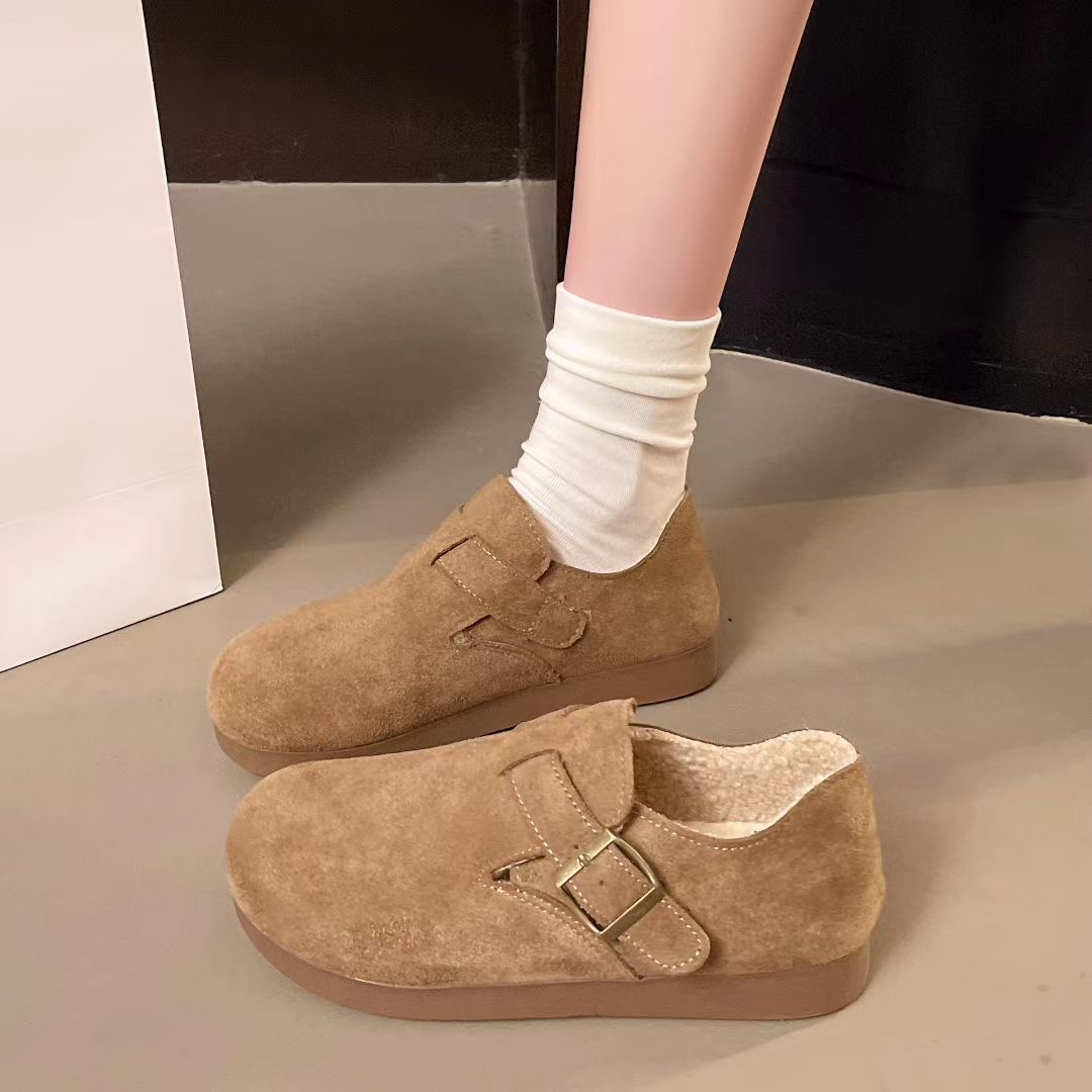 厚底冬季加绒勃肯鞋豆豆鞋平底软底复古韩版舒适百搭乐福鞋休闲