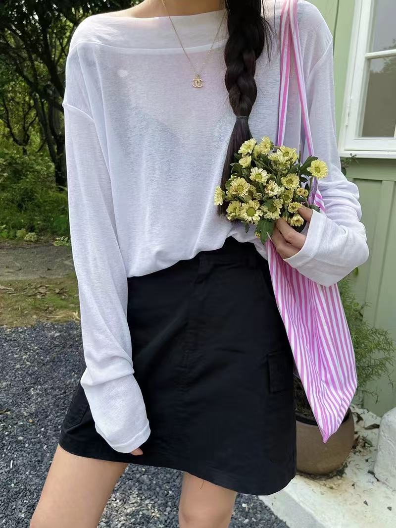 格调美美2266时尚一字领斜领露肩长袖T恤女薄款宽松气质