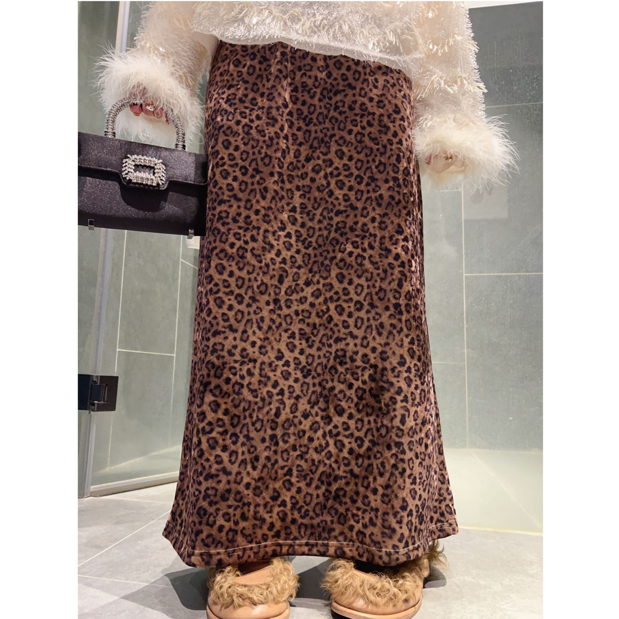 《心动豹纹裙》加绒豹纹半身裙女冬季丝绒开叉性感包臀半裙