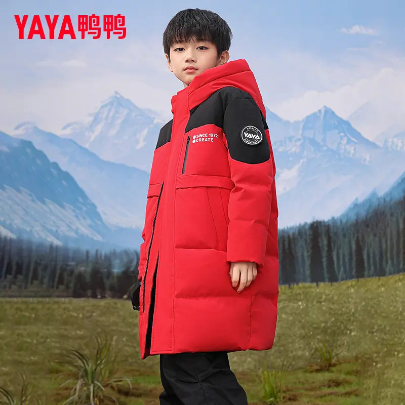 YAYA/鸭鸭儿童羽绒服冬季新款中大童过膝拼接撞色羽绒外套