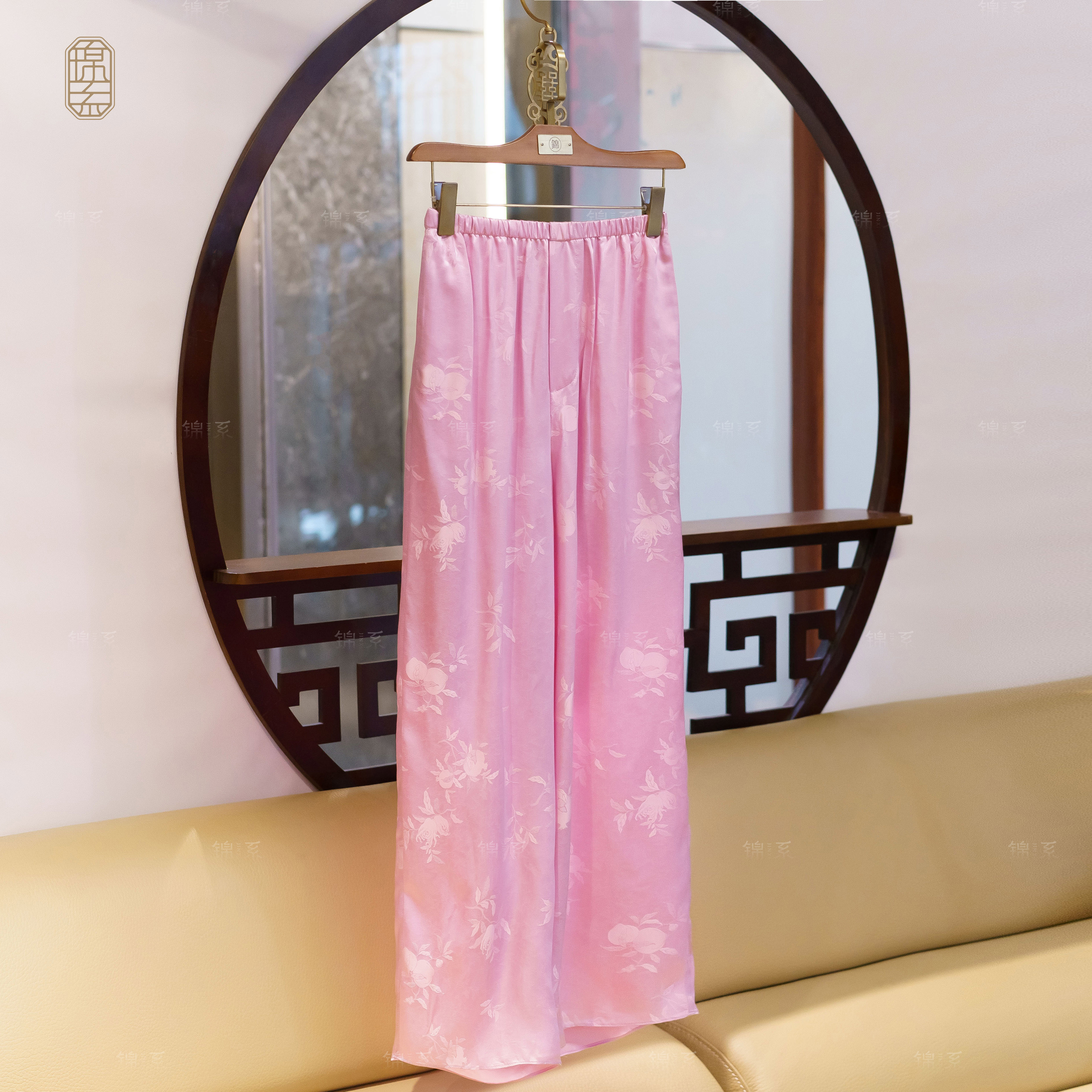 【锦系~新款】桑波缎新中式国风桑蚕丝松紧腰阔腿裤K-382343