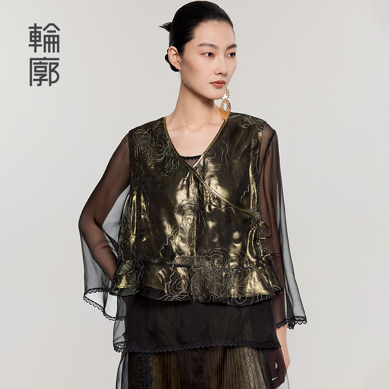 轮廓游月L252Y011新中式欧根纱刺绣马甲不对称原创设计休闲马夹