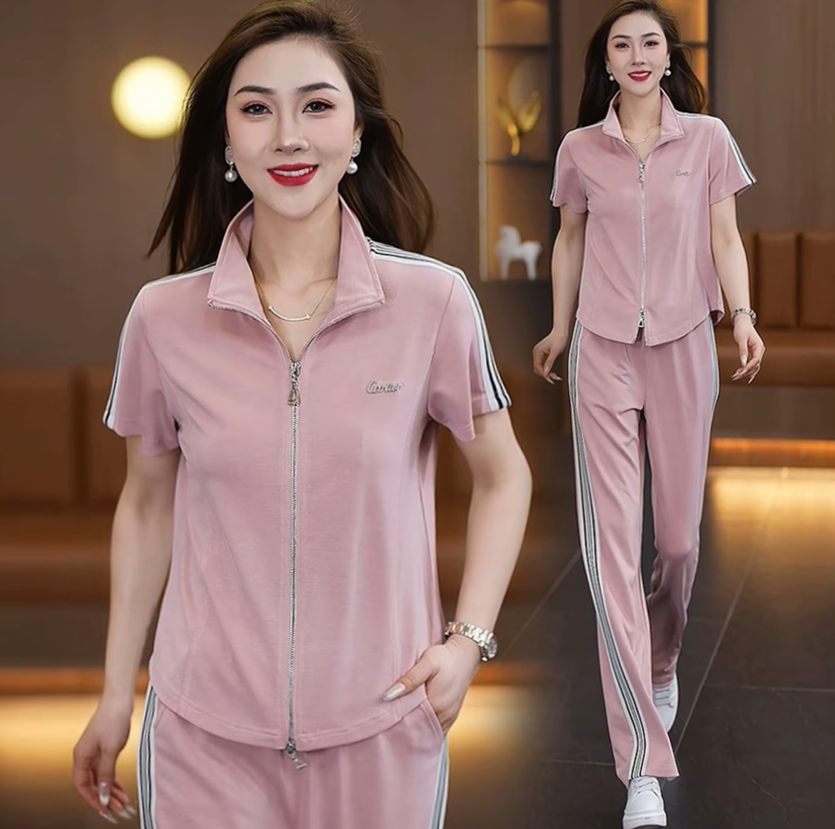 铜氨丝欧货时尚运动套装女2025夏季洋气立领短袖薄款两件套8951