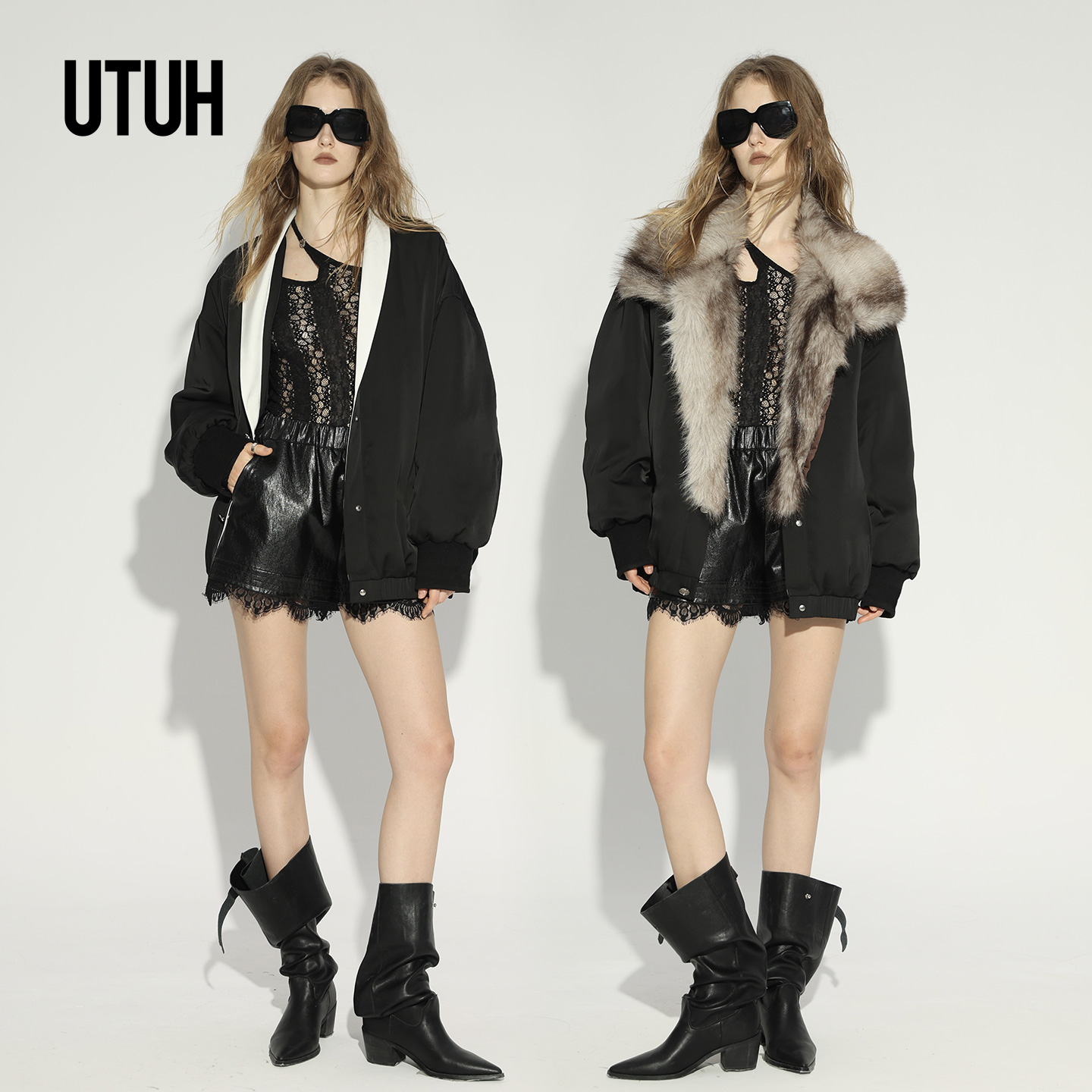 UTUH黑色青果领落肩宽松毛领外套慵懒高级保暖秋冬新款TDWWW1W361