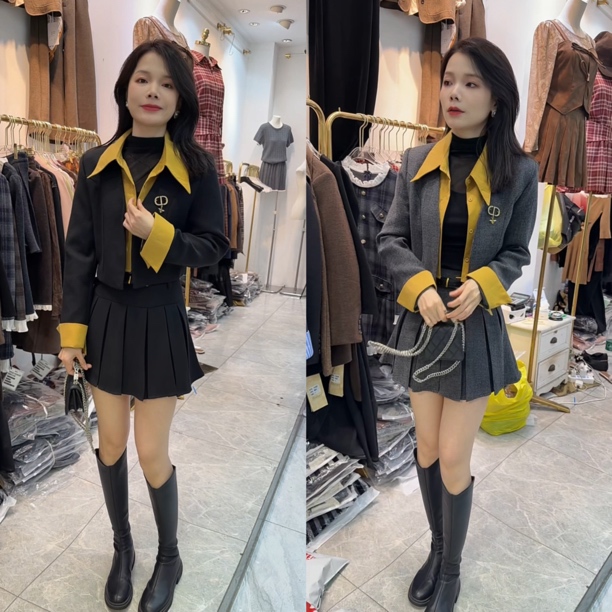 法式时尚假两件衬衫领西装外套配显瘦百褶裙小个子套装150