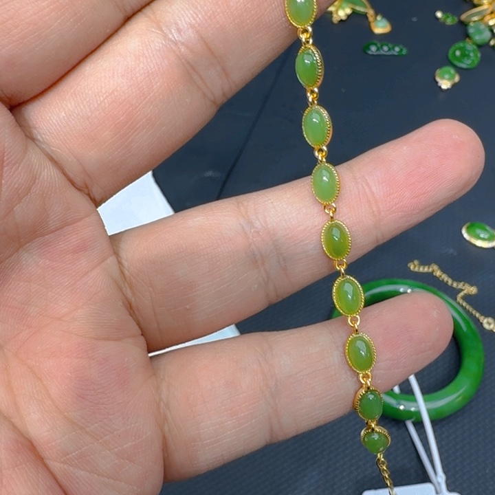 和田玉（碧玉）手链银S925镀金镶嵌