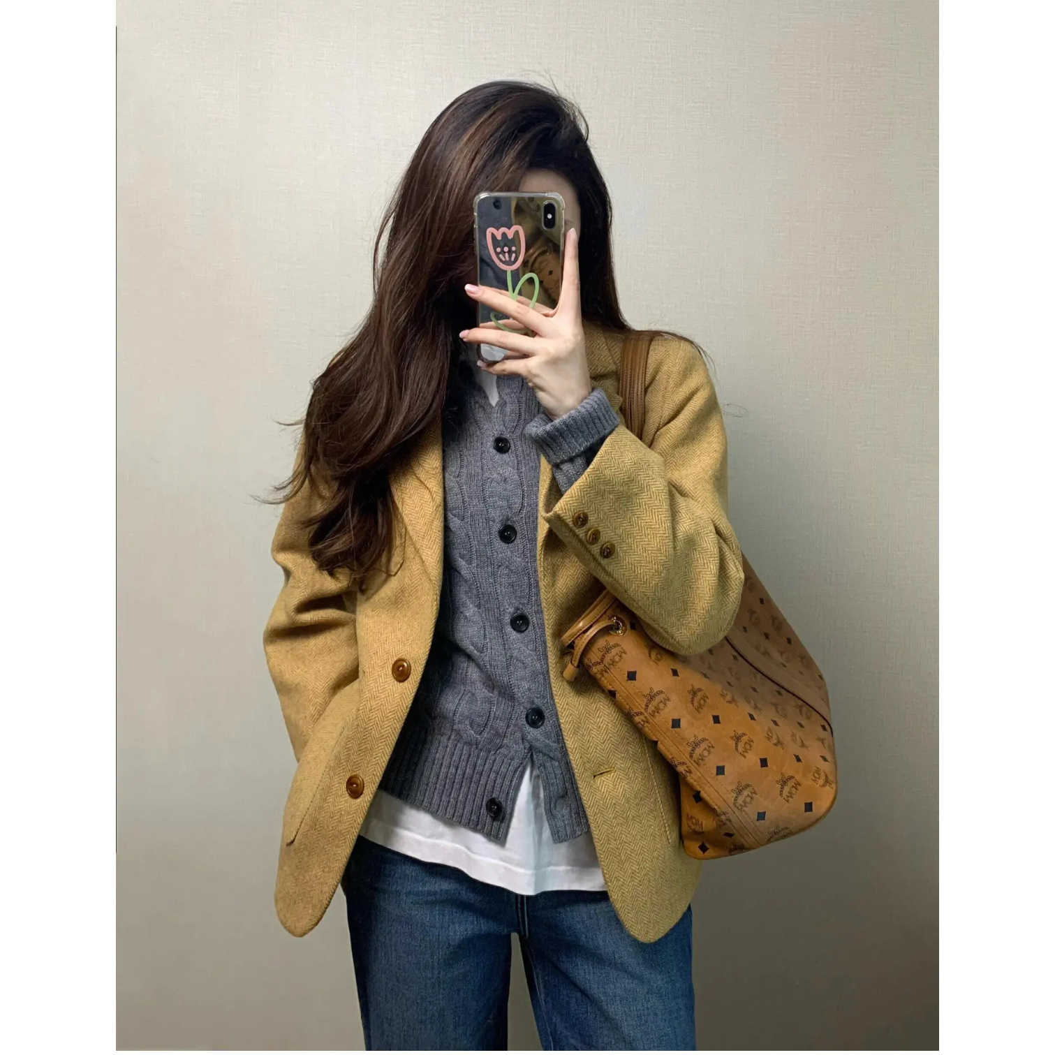 英伦复古羊毛姜黄色杂花人字纹小香风精致西装外套