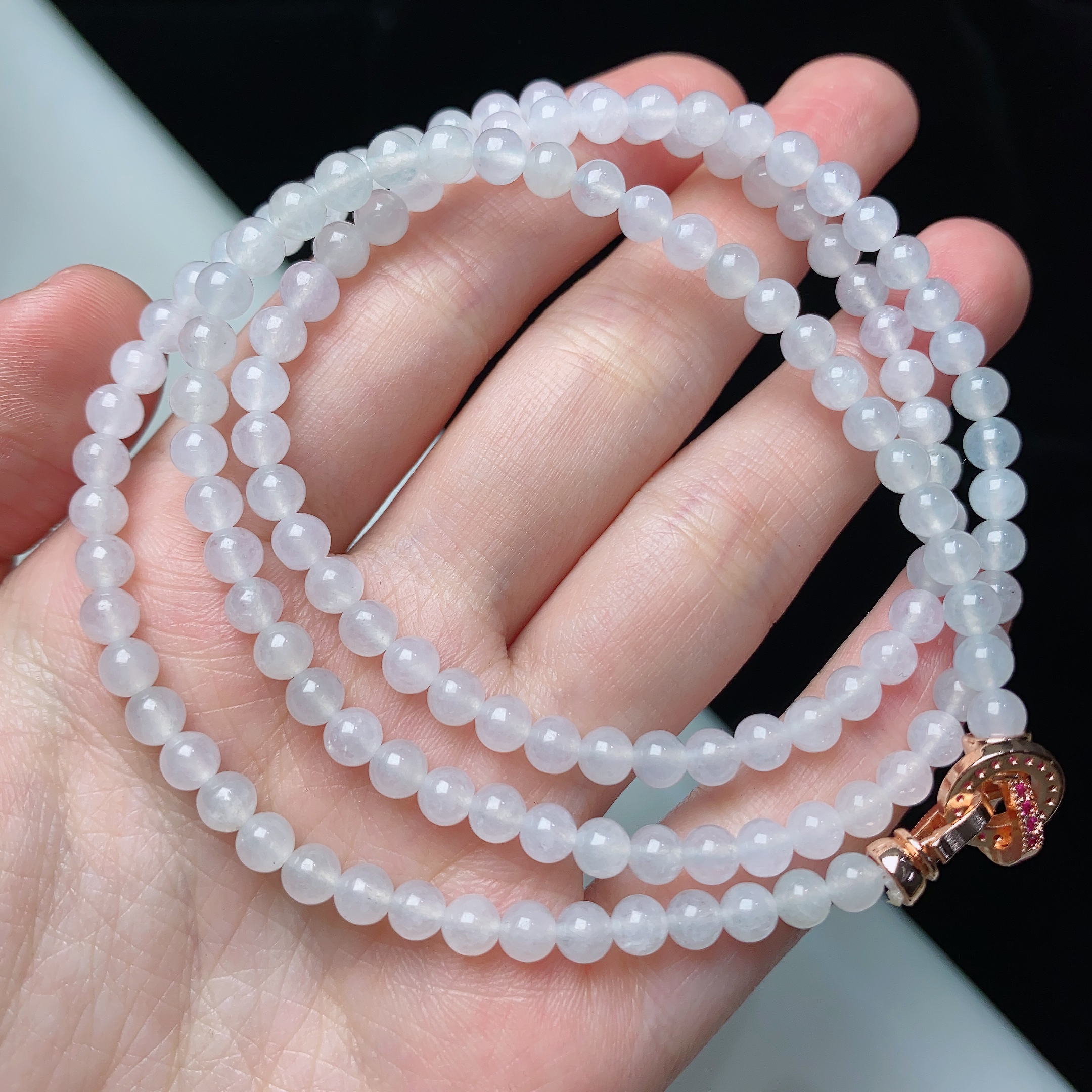 缅甸天然翡翠A货冰种白月光圆珠项链卡4.5mm长链百搭时尚