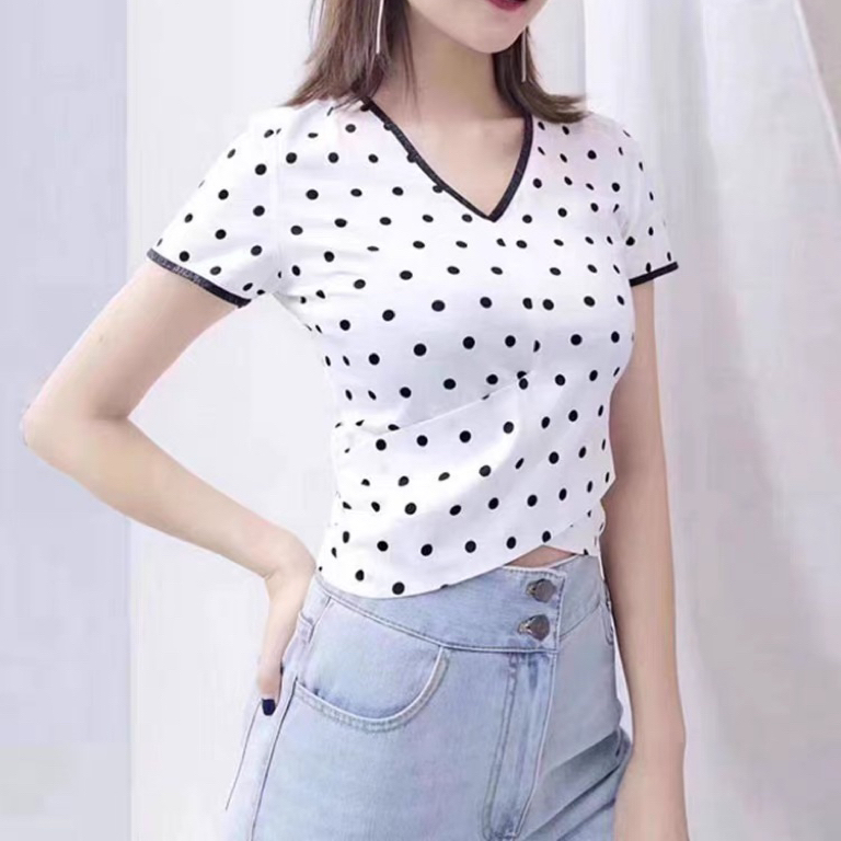 不退换 夏季短款波点短袖v领白T1300581