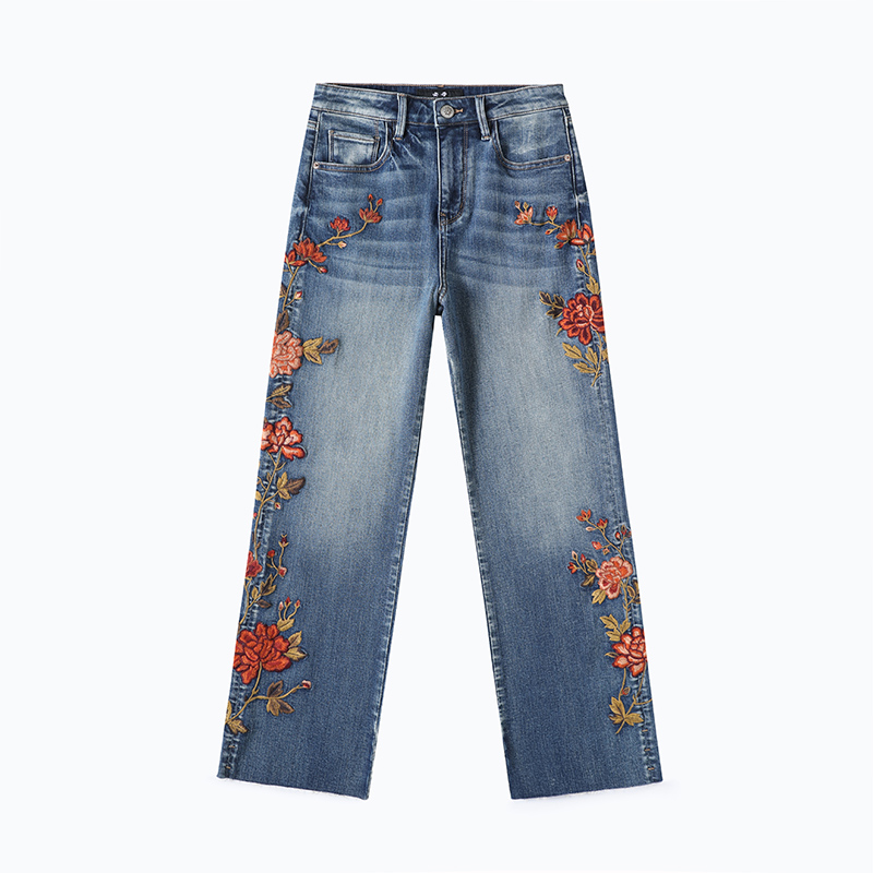 【安哥】秋季新款原创设计师绣花高腰直筒阔腿女装牛仔裤SL2011