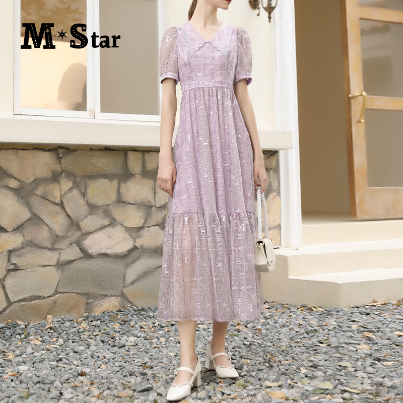 【小余专属】M-Star轻薄紫色翻领网纱连衣裙SCBL121319