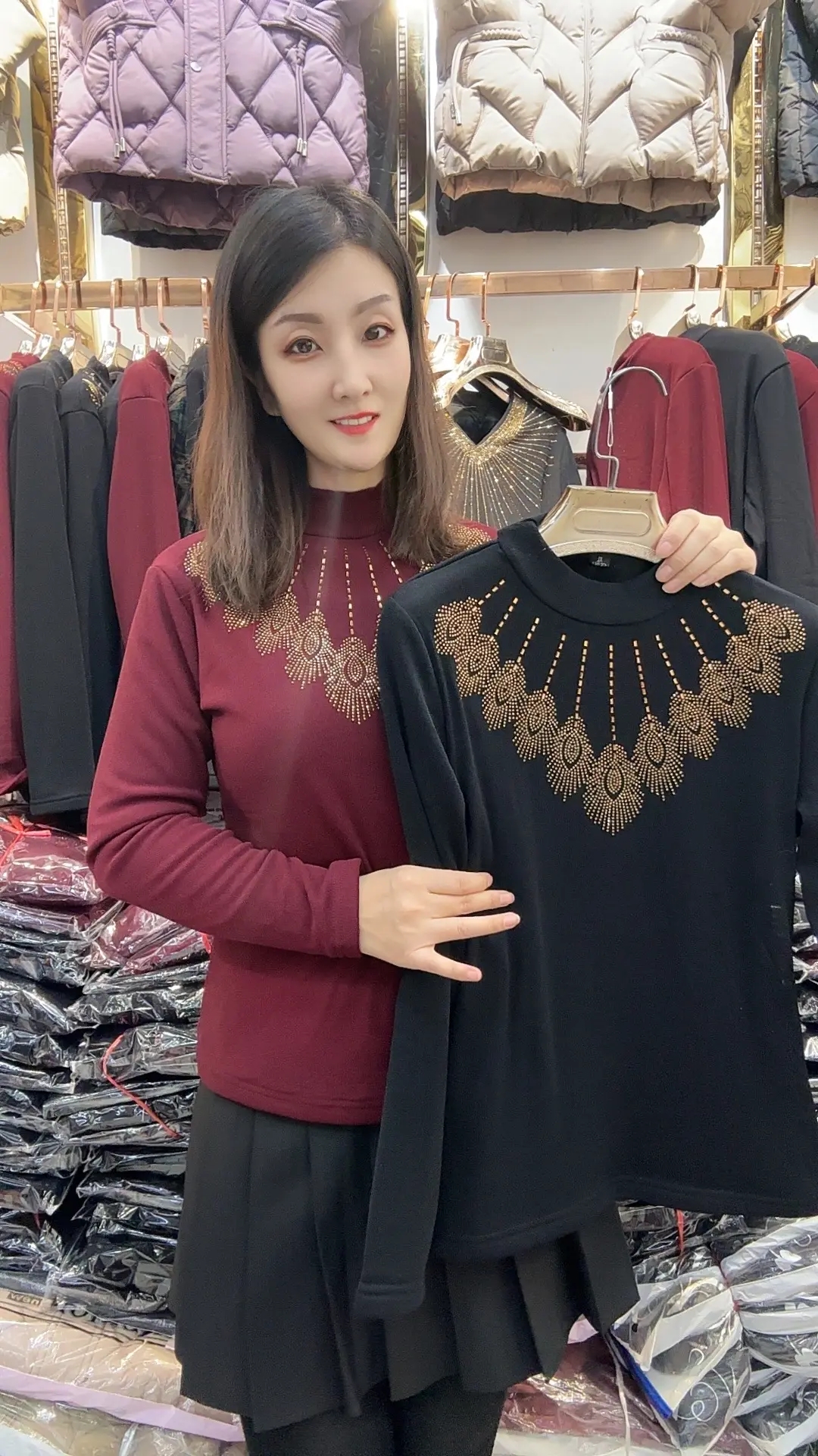 加绒加厚中领子高温烫钻凤凰钻打底衫0079