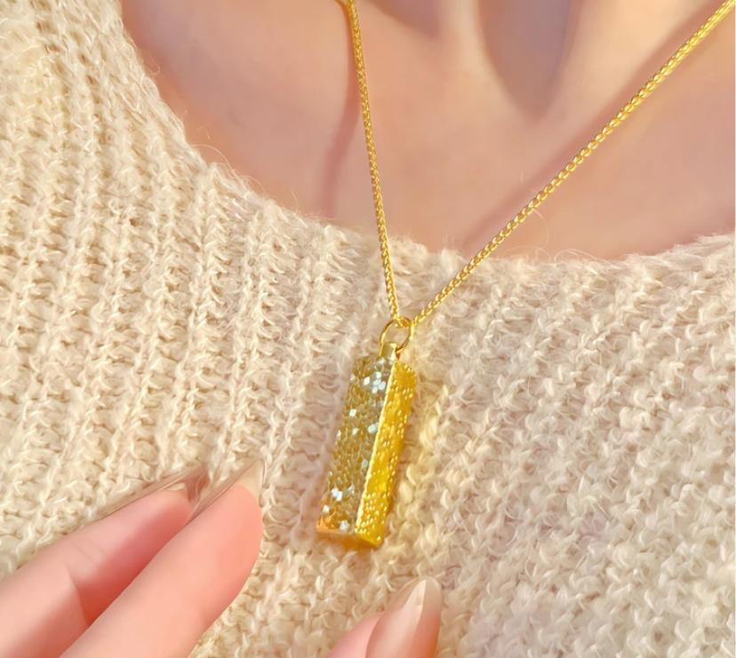 铜合金项链 新中式碎碎冰吊坠爆闪四方来财印章项链方形吊坠