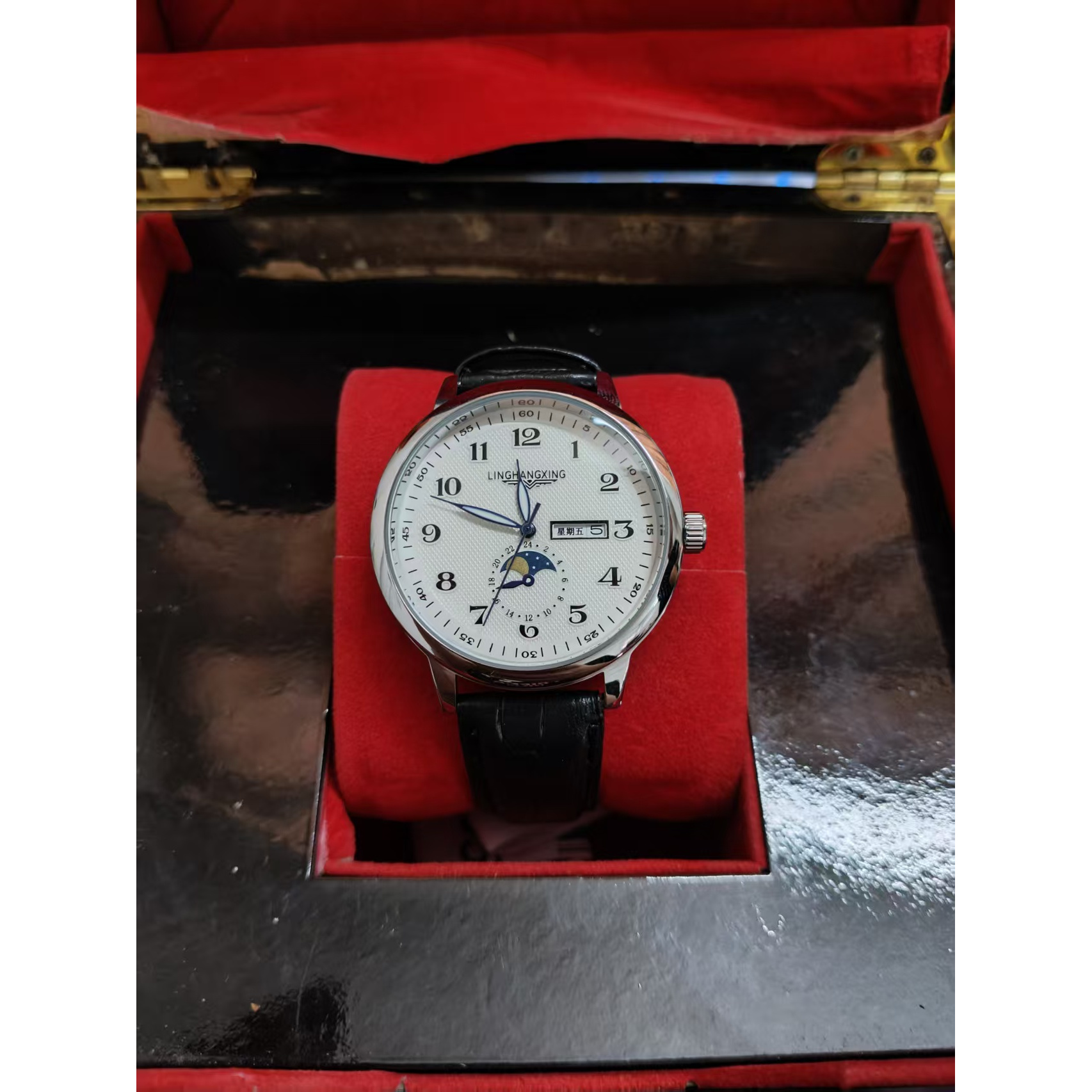 四针月相皮带-全自动机械表夜光防水日历镂空腕表男士手表多功能