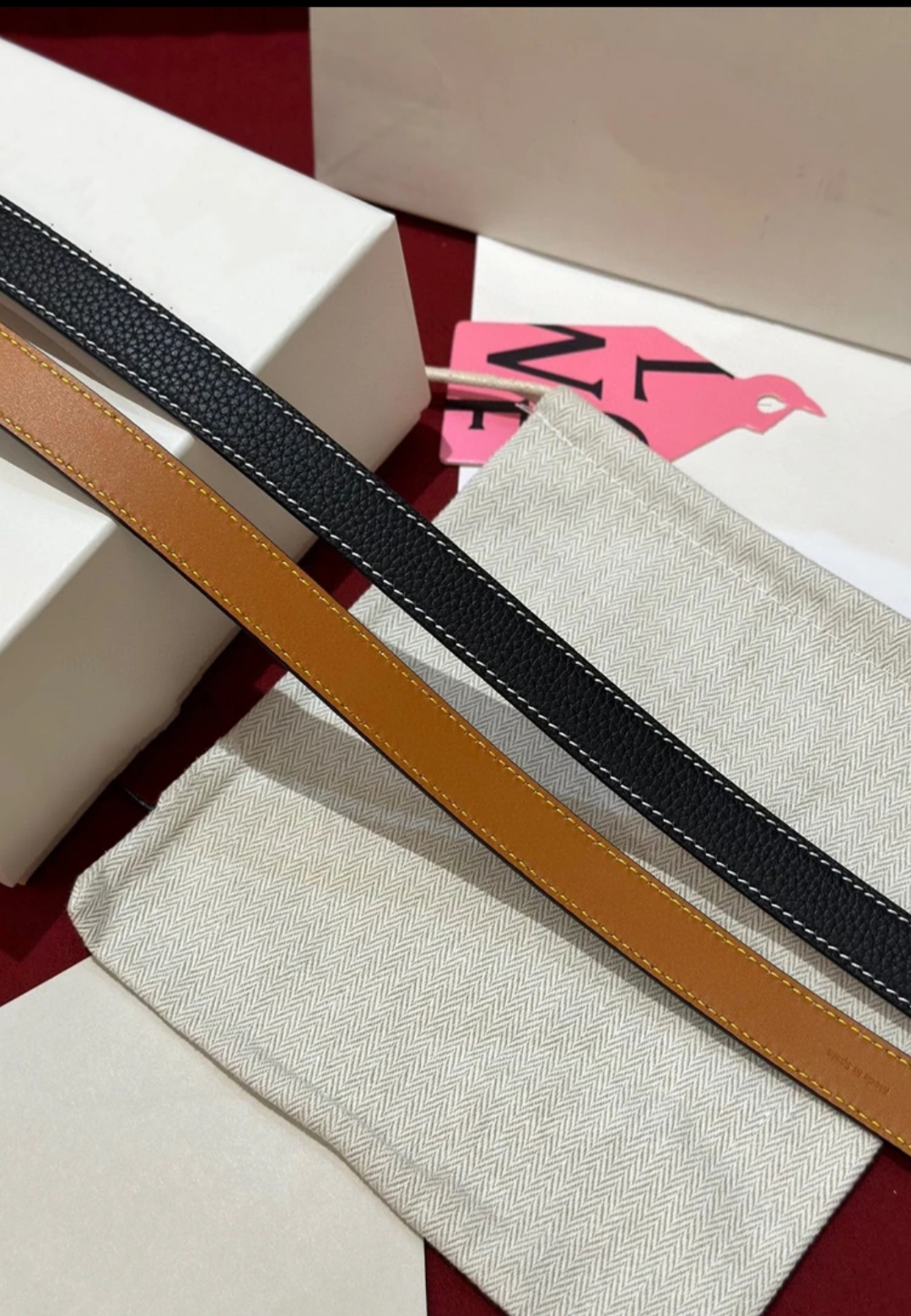 FANPUSHEN罗家双面徽标搭扣皮带男女同款进口牛皮棕色黑色