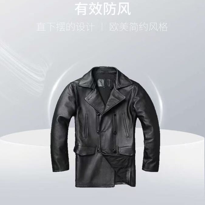 史泰龙同款海军740经典款复古头层牛皮中长款纽扣款皮风衣，