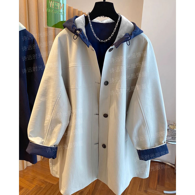 【双面穿】韩国撞色连帽风衣女中长款2025春宽松显瘦高级感