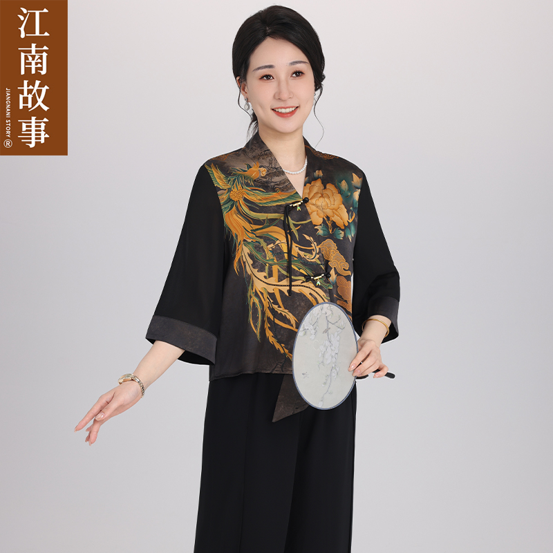 江南故事妈妈装国风印花高级感小衫气质洋气中老年两件套时尚套装