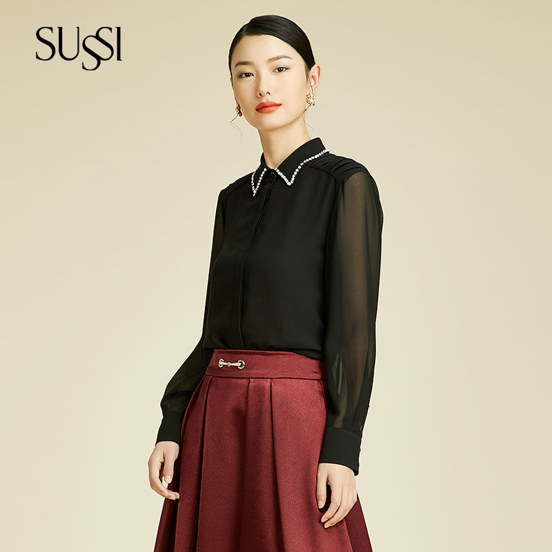 SUSSI/古色秋季新款黑色通勤百搭衬衫上衣女
