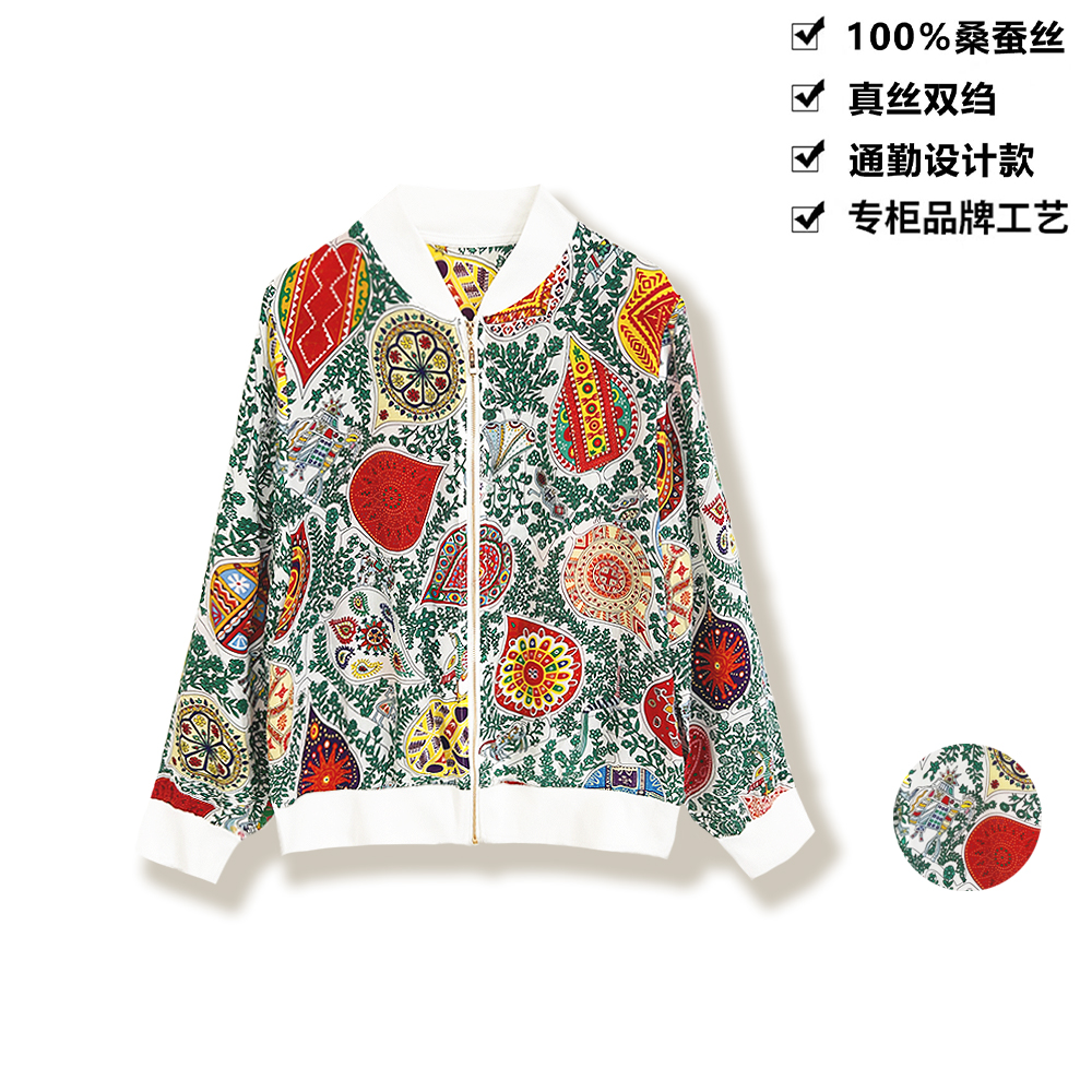 16姆米100桑蚕丝上衣真丝外套复古民族风印花棒球服短外套WT212