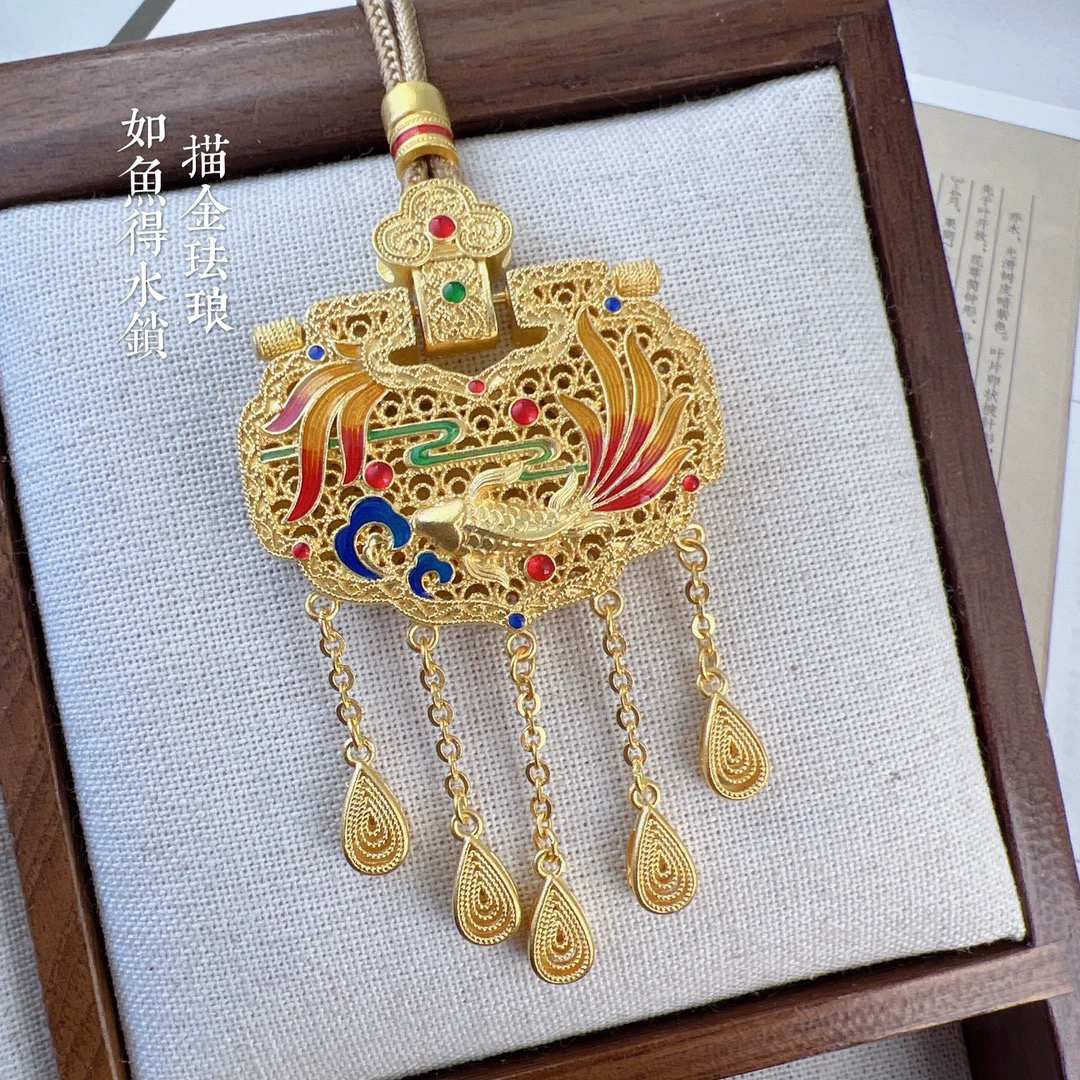 吊坠足银 【如鱼得水珐琅】流苏锁包纯银吊坠新中式银锁 足银