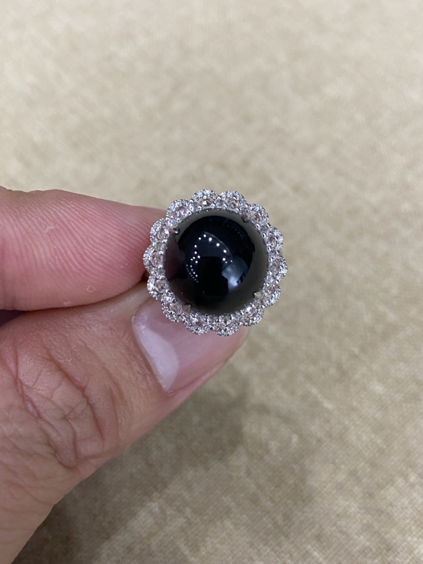 翡翠a货墨翠蛋面戒指