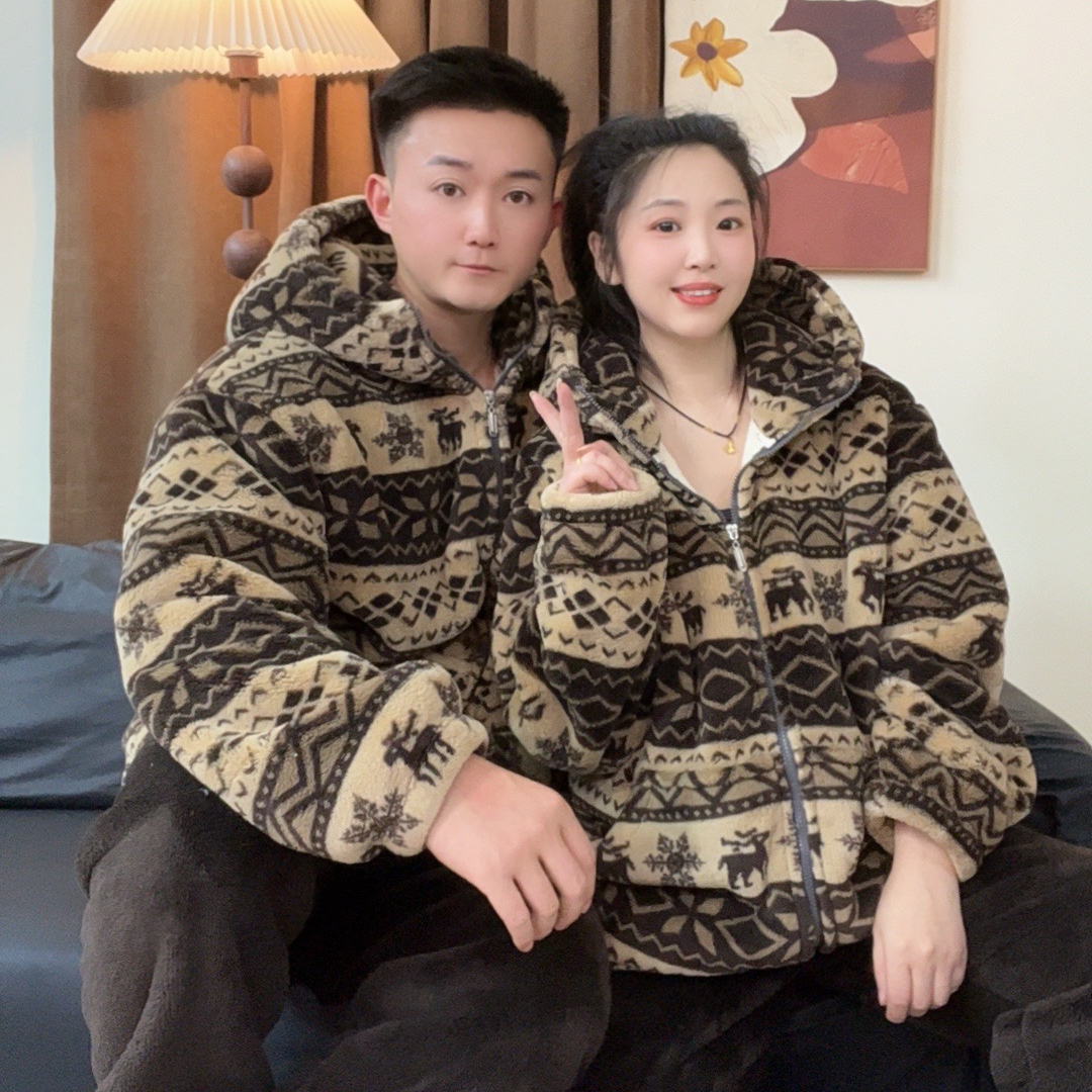 大萍）情侣雪花小鹿新款冬季海岛绒（双层复合！）加绒加厚睡衣家居服