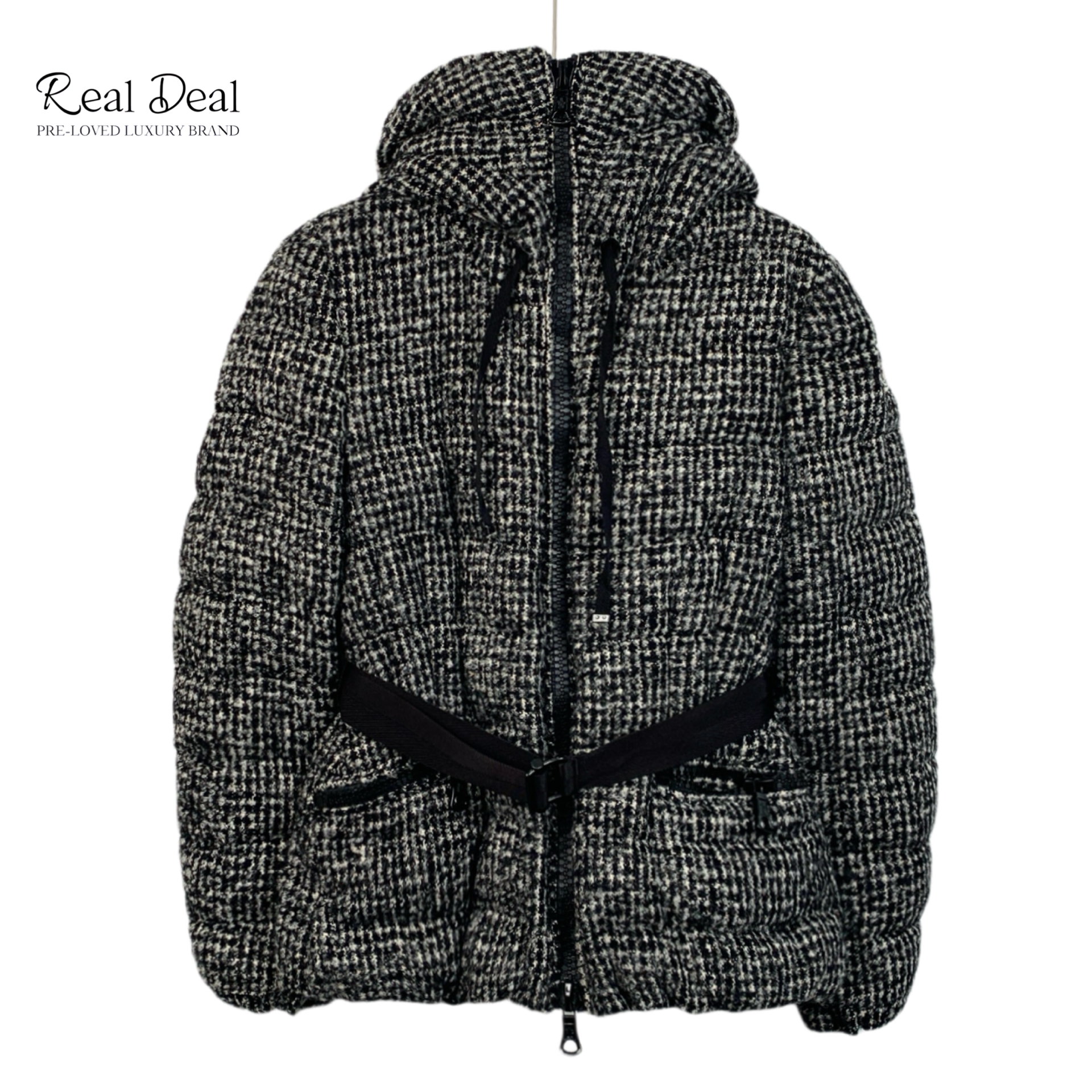 99新 MONCLER J12623 黑色羊毛千鸟格徽标贴饰连帽腰带款羽绒服