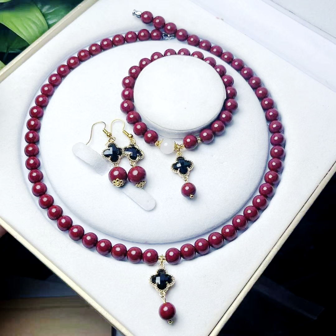 天然辰砂高定珠宝设计款朱砂四叶草三件套套装x519+s1148+y2250