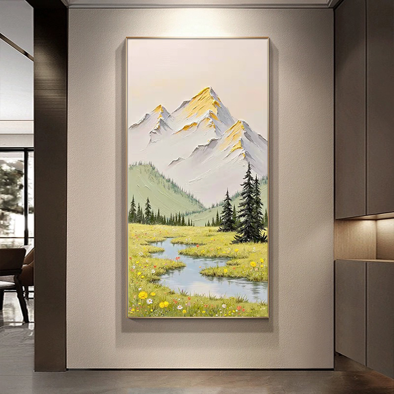 《金山》肌理手绘油画风景客厅玄关装饰画奶油风流水生财寓意