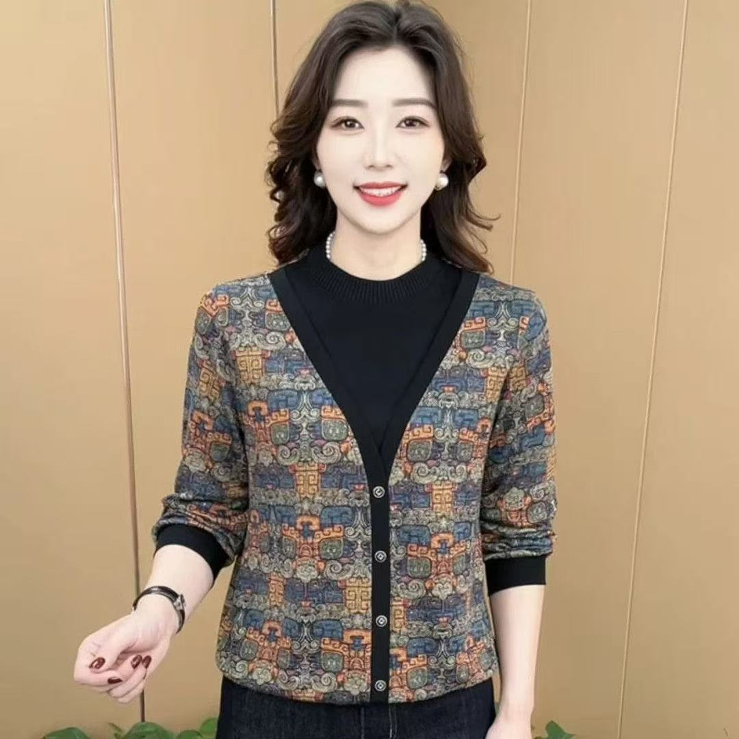 时尚宽松纽扣百搭假两件中老年女装衫妈妈装女装长袖针织
