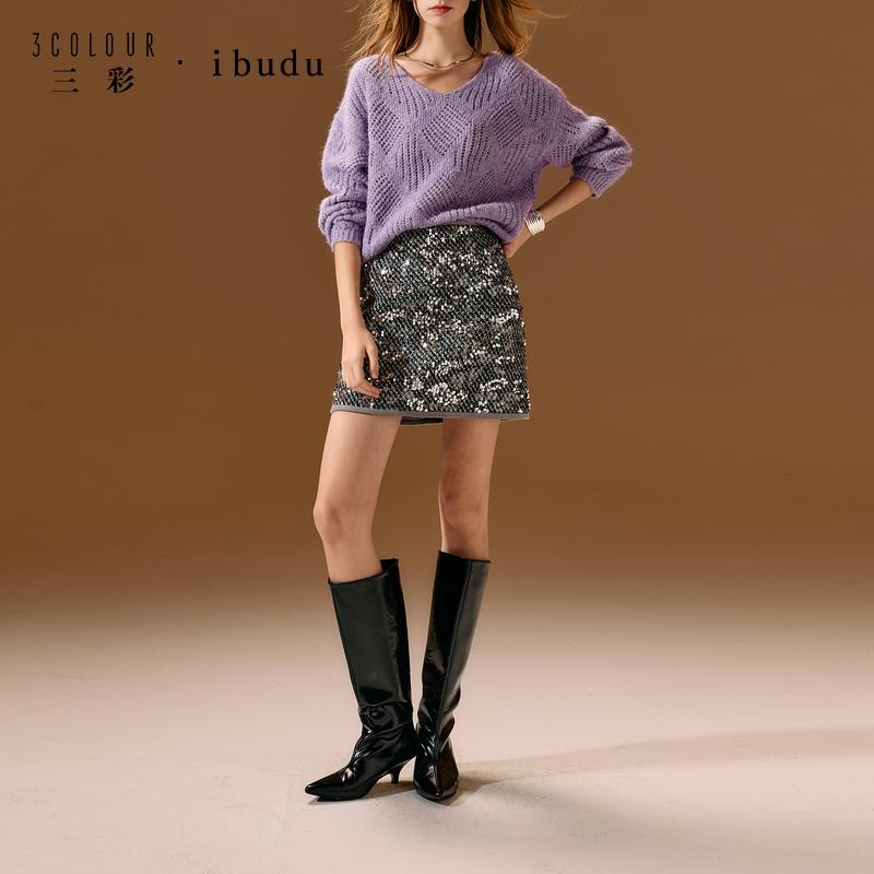 三彩ibudu2025冬季新款亮片半身裙A字裙短裙显瘦时尚女