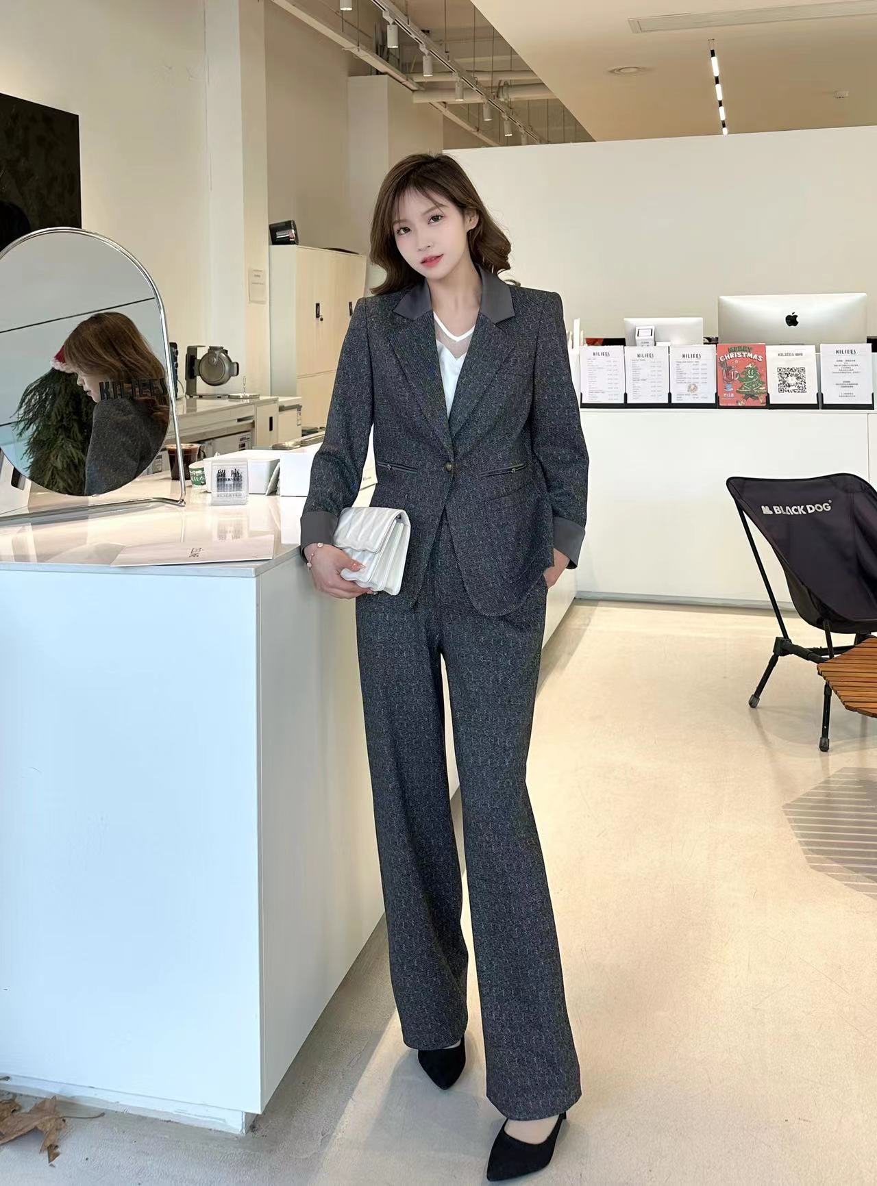 时尚西服套装格纹修身直筒腿春款网红