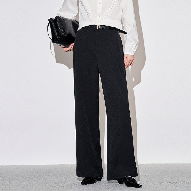 XG雪歌黑色压褶裤秋季新款高腰宽松直筒裤女