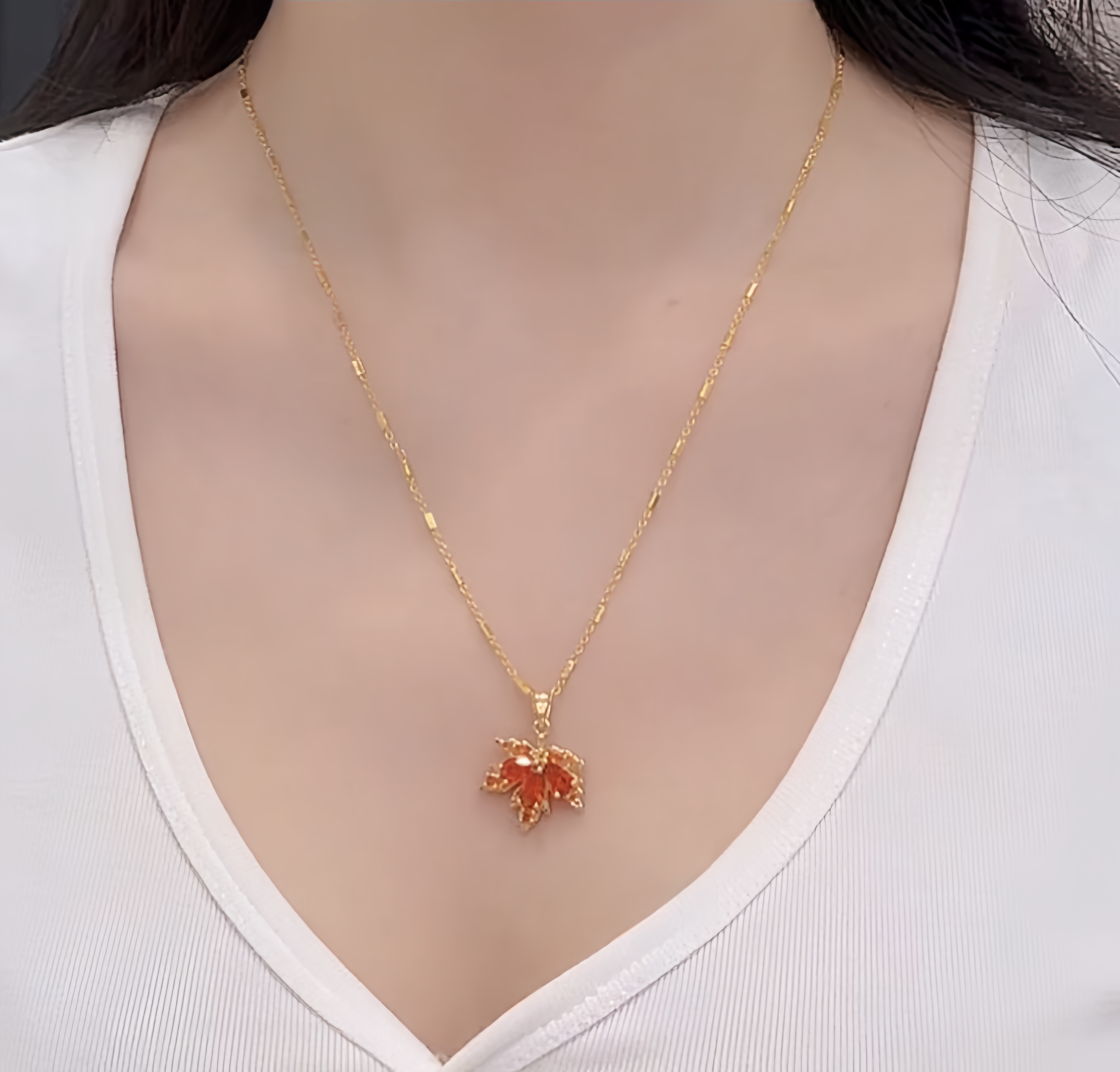 合金项链 轻奢高端小方块红枫叶项链百搭