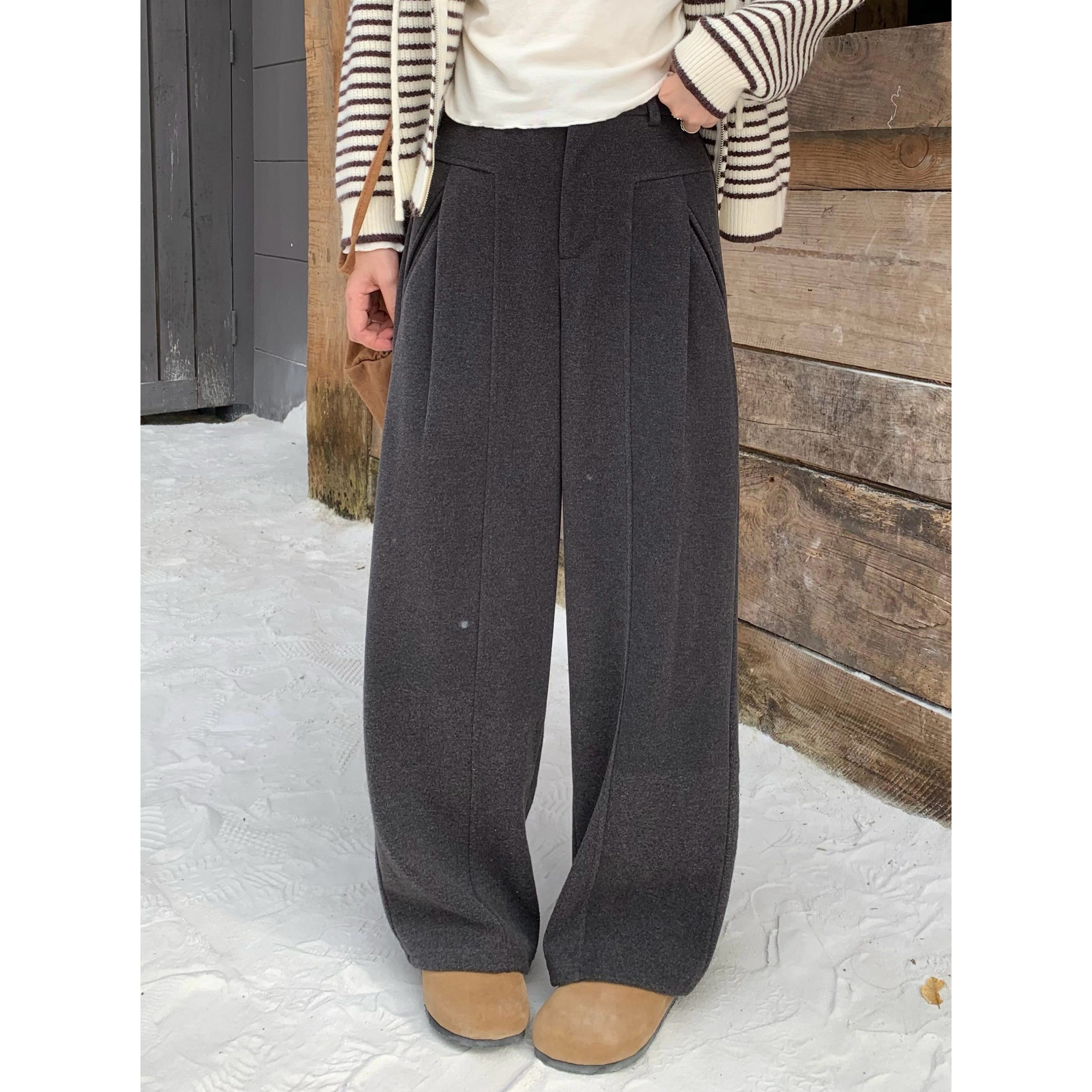 YO定制秋冬休闲百搭显瘦毛呢直筒休闲裤遮肉半松紧腰西装阔腿裤