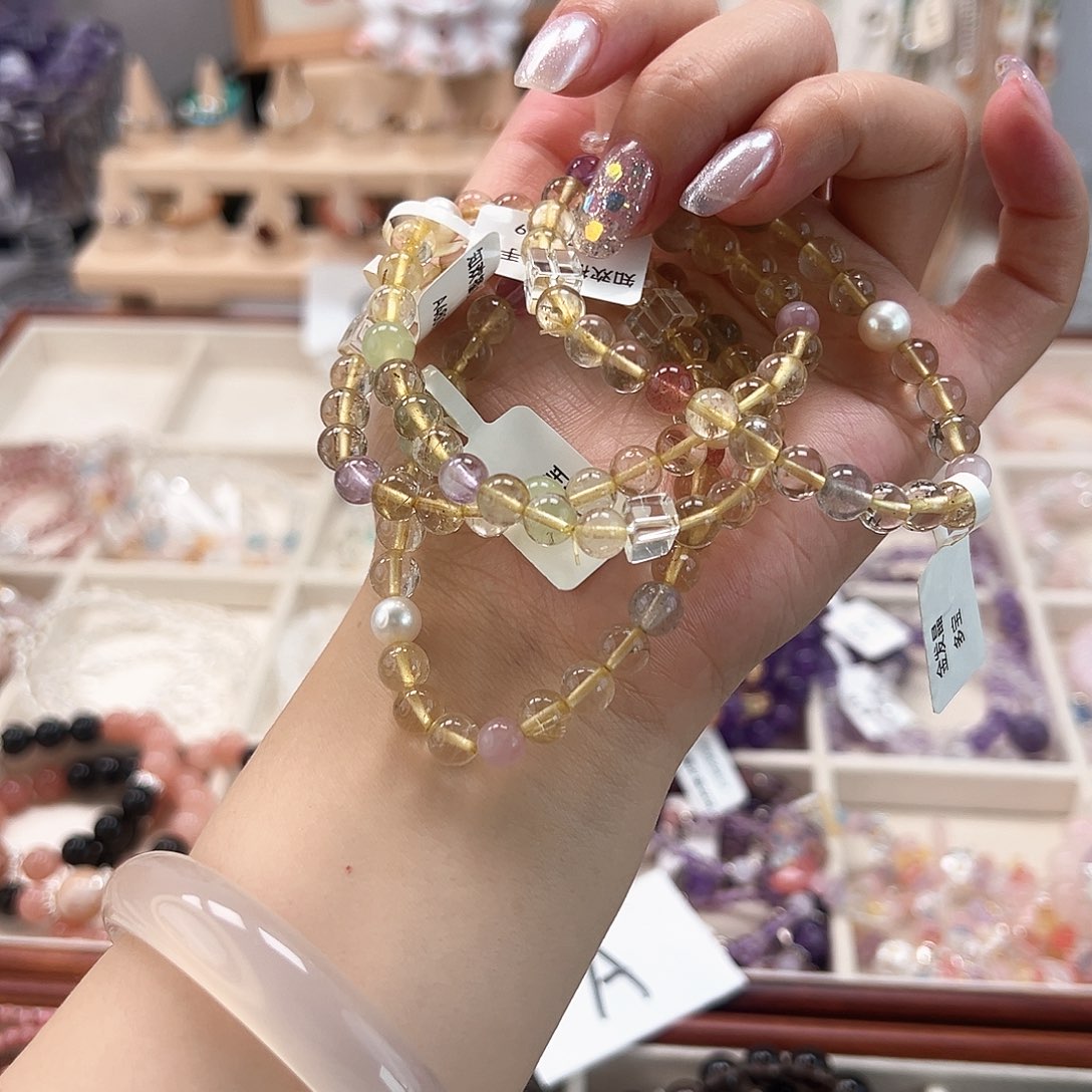 烟晶手链银S925镶嵌金发晶多宝