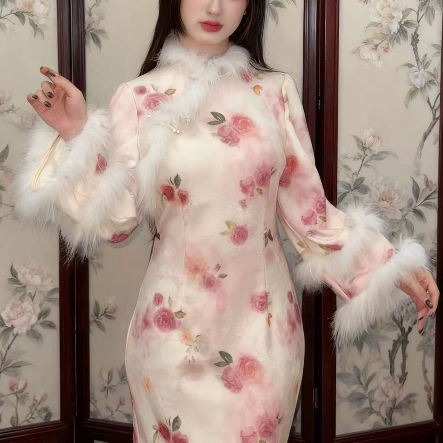 新中式秋冬厚款温柔新式旗袍加绒改良年轻款国风连衣裙针织 镜花