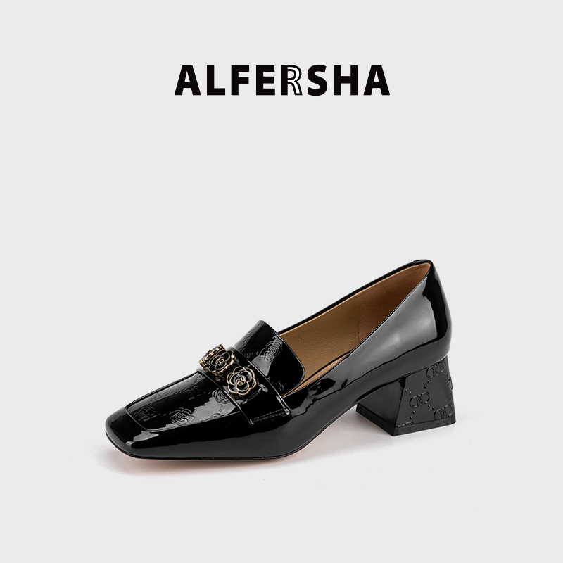 阿芙莎联名款9688690新款法式气质山茶花中跟鞋方头粗跟压花单鞋B