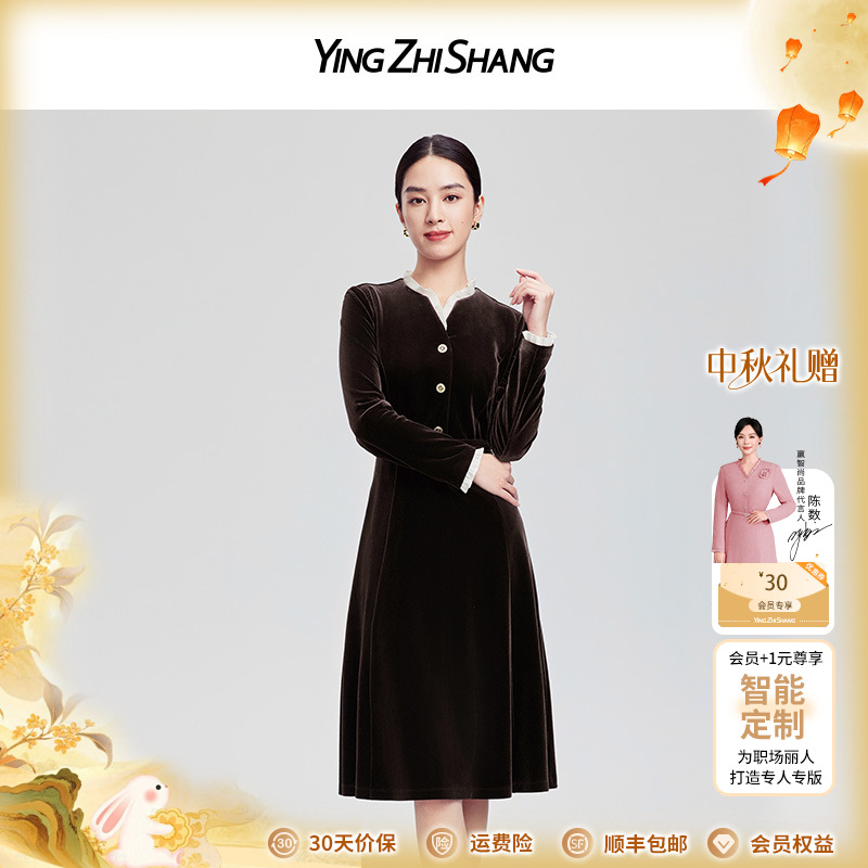 【美拉德风】赢智尚法式优雅浪漫荷叶边棕咖丝绒连衣裙爆款ZF04014