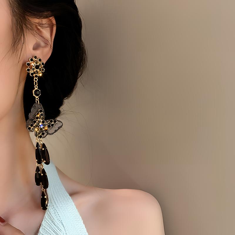 铜合金耳饰 黑色日韩金色欧美编织小珠耳环夸张耳饰古风小众蝴蝶