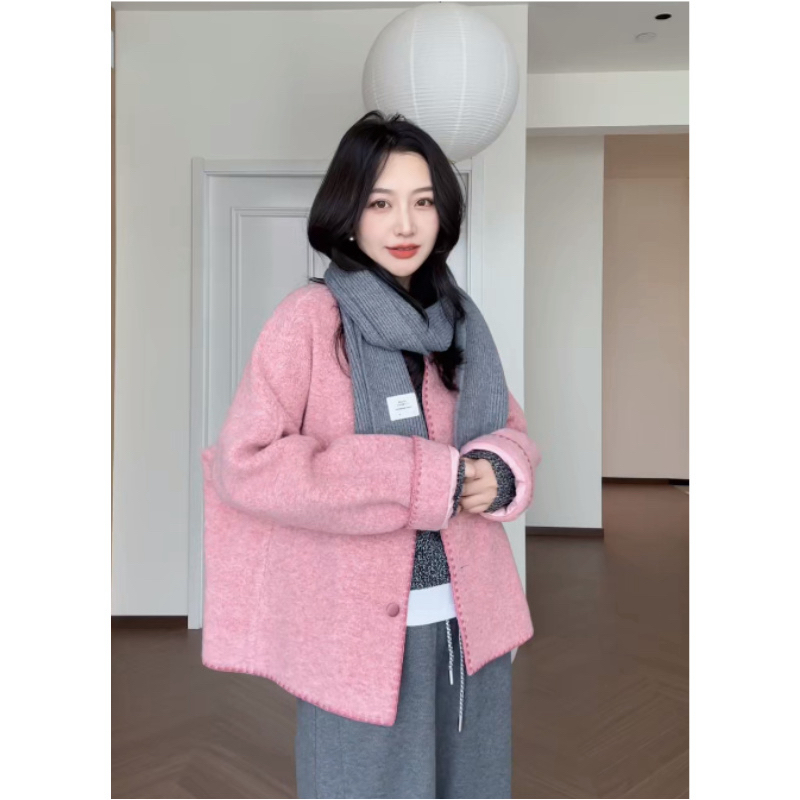 【柔风雅叙】羊毛小众气质时尚粉色温柔风宽松毛呢外套女上衣