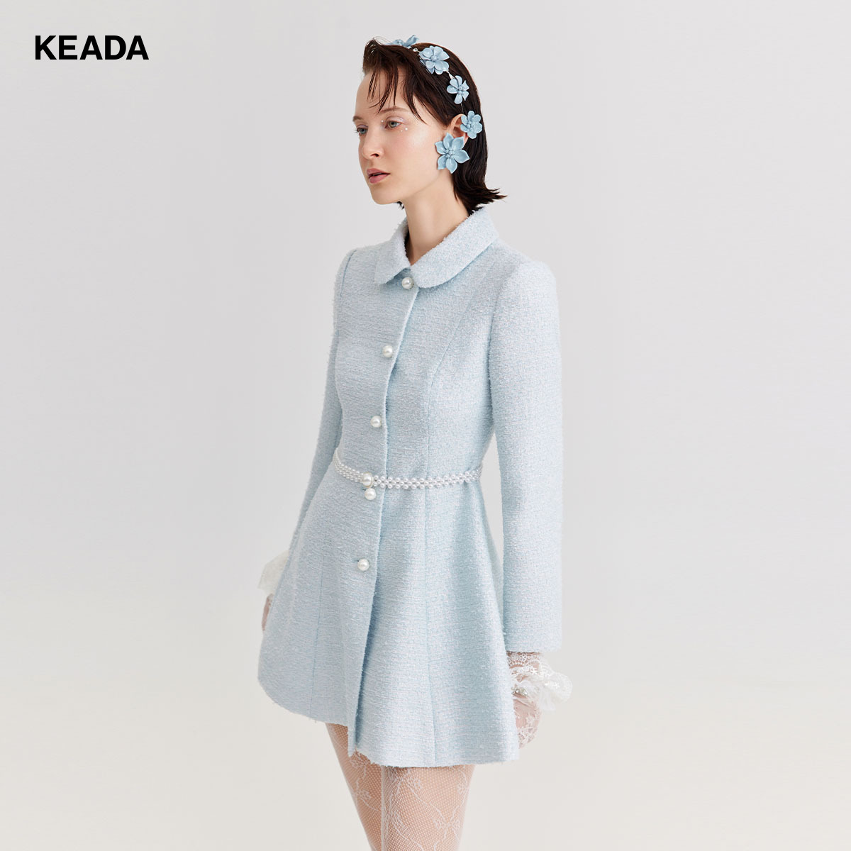 KEADA亮丝小香风毛呢外套女大衣千金范中长款收腰KSN3WO4035