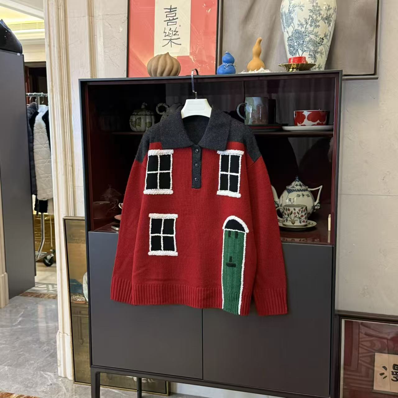 MYL 2025秋冬新款羊绒针织衫童趣撞色抽象房子翻领单排扣毛衣