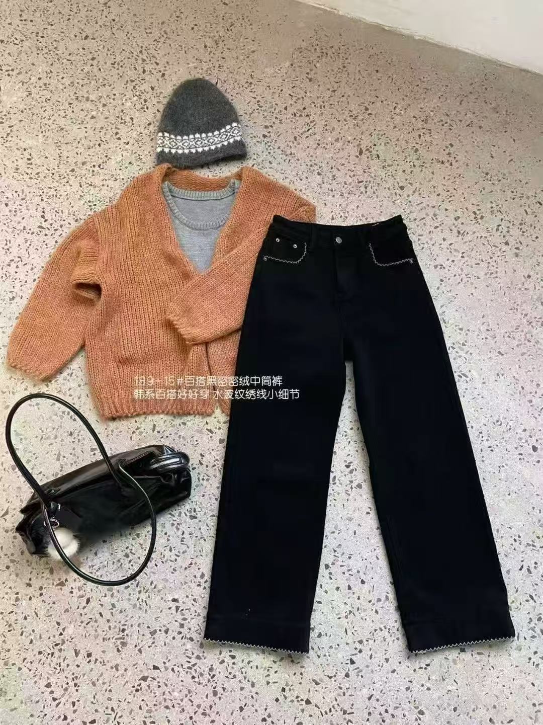 【水波纹中筒裤】密密绒韩系百搭显瘦弹力牛仔裤 苋 20085(189-13)